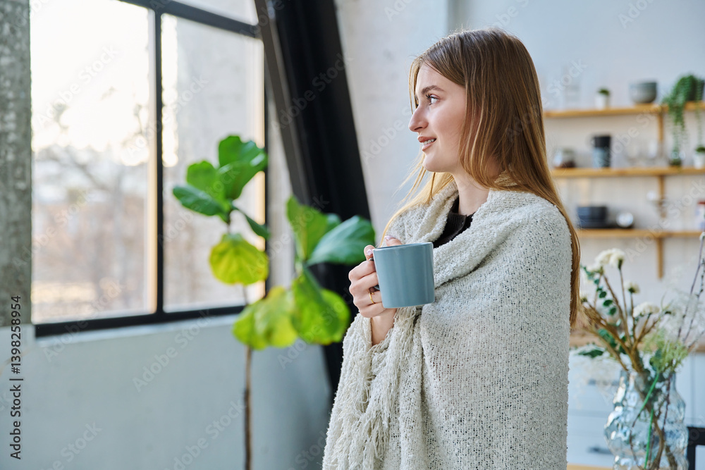 Young beautiful smiling calm woman with blanket mug, looking out winter window