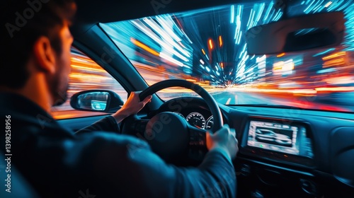Teen behind the wheel of speeding car at night, conveying thrill and recklessness, perfect for public safety campaigns and awareness of teenage driving dangers concept.