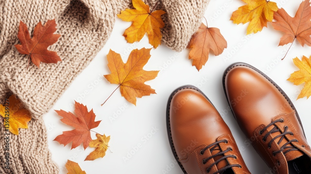 Stylish fall fashion flatlay with warm-toned garments, leather boots, woolen scarf and scattered maple leaves on neutral background, perfect for autumn fashion marketing and seasonal wardrobe concept