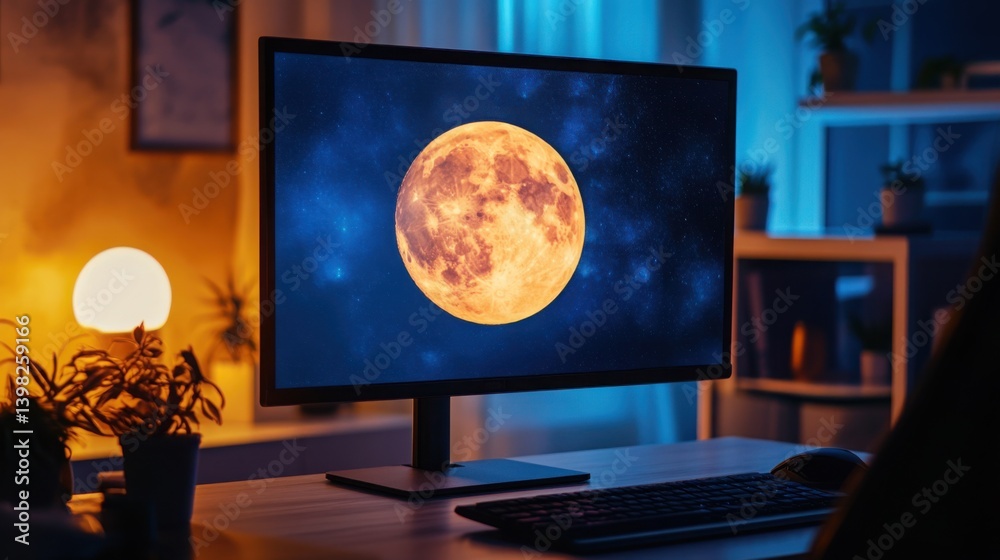 Fototapeta premium Bright Full Moon on Computer Monitor in Evening Room Setting