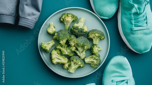 Healthy eating and fitness lifestyle concept Plate of broccoli, sportswear and running shoes on teal background. photo