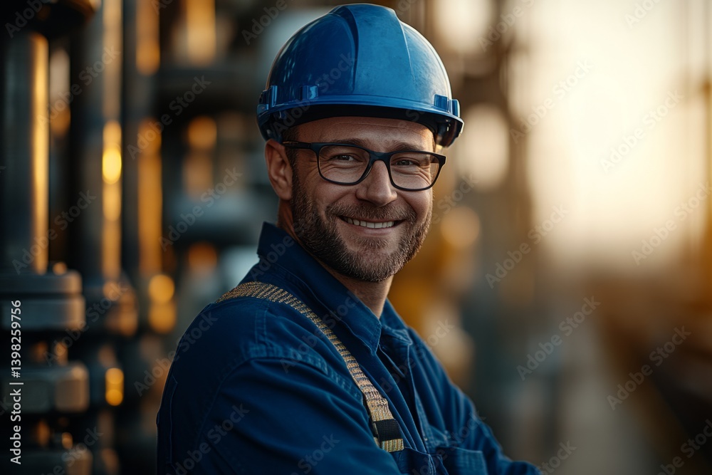Portrait of an industrial worker smiling at camera in a refinery plant at sunset Portrait of an industrial worker smiling at camera in a refinery plant at sunset