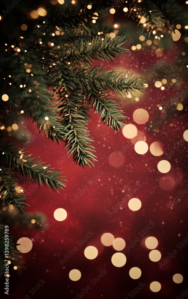 Festive Christmas background with fir branches and bokeh lights on a red backdrop. (1) Festive Christmas background with fir branches and bokeh lights on a red backdrop. (1)