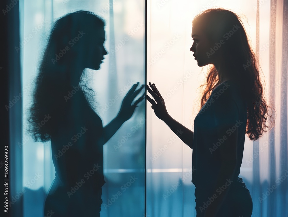 Silhouetted teen standing alone before a mirror with conflicting body image reflection. Emotional struggle and identity crisis, ideal for mental wellness, awareness, and eating disorder topics