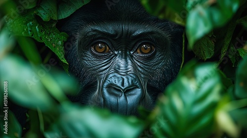 Fototapeta Naklejka Na Ścianę i Meble -  Close-up portrait of a gorilla peering through jungle leaves, revealing deep amber eyes filled with emotion