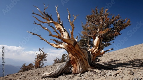 Ancient bristlecone pine stands resilient against rocky landscape in high mountain setting under clear blue sky