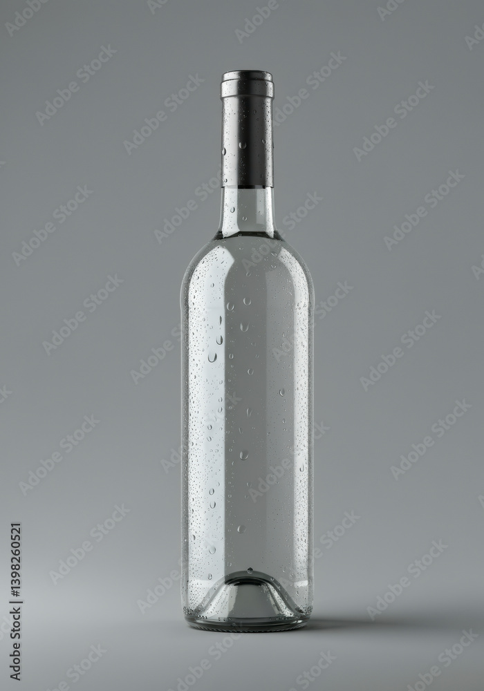 Glass bottle of water on gray background. AI-generated commercial product mockup ideal for packaging design, beverage branding, minimalist lifestyle and e-commerce visuals.