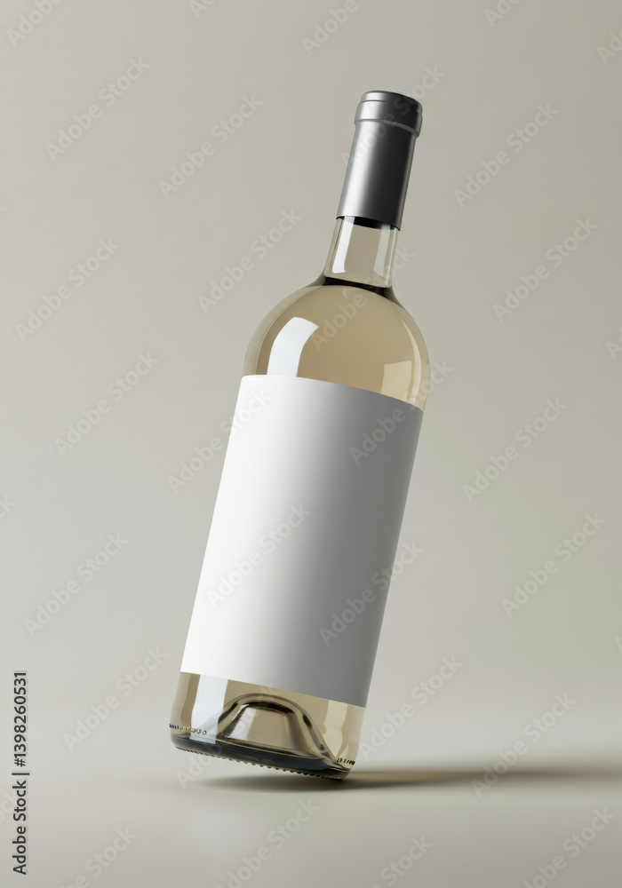White wine bottle with blank label on soft background. AI-generated product mockup for branding, packaging design, winery advertising and clean commercial visual identity.