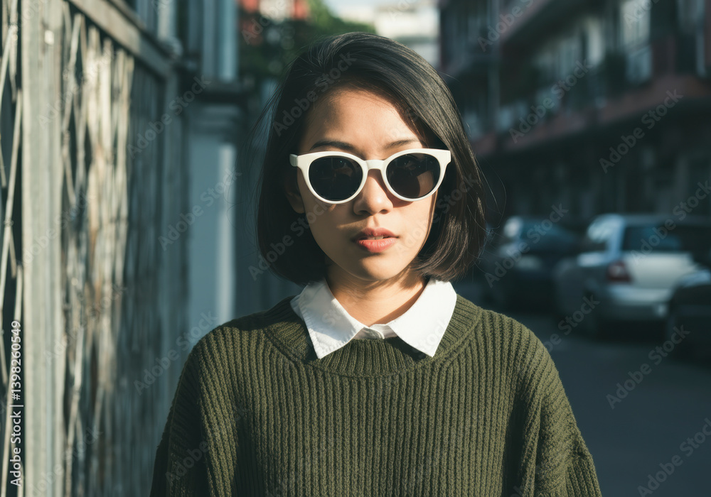 Woman with white sunglasses on urban street. AI-generated fashion scene with retro style, streetwear energy and contemporary editorial aesthetics in natural lighting.