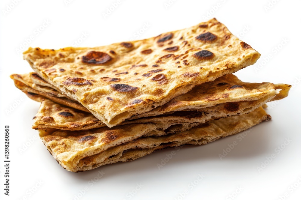 Stack of flatbreads with golden brown spots isolated on a white surface Stack of flatbreads with golden brown spots isolated on a white surface