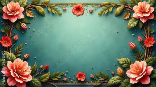 Elegant Floral Frame with Delicate Blooms and Intricate Gold Accents on Teal Background