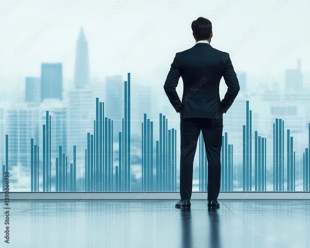 A businessman analyzing longterm asset management forecasts, planning portfolio adjustments based on future trends A businessman analyzing longterm asset management forecasts, planning portfolio adjustments based on future trends