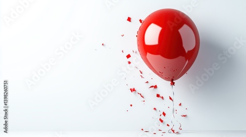 A vibrant red balloon that has burst dramatically, scattering confetti around it, symbolizing the joy and brevity of celebrations and the ephemeral nature of moments.