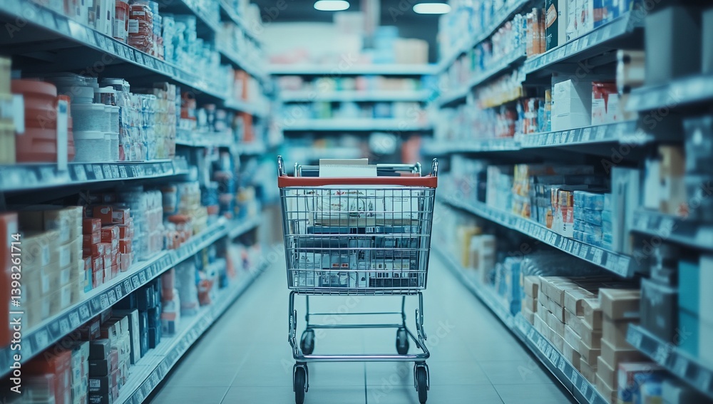 Empty shopping cart in supermarket aisle with various products on shelves. (1)