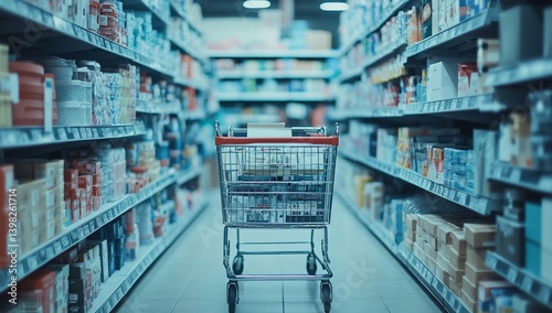 Obraz na płótnie Empty shopping cart in supermarket aisle with various products on shelves. (1) w salonie