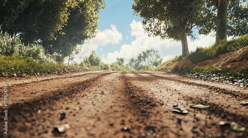 Realistic dirt country road viewed from ground level rustic rural pathway with earthy texture and greenery on sides