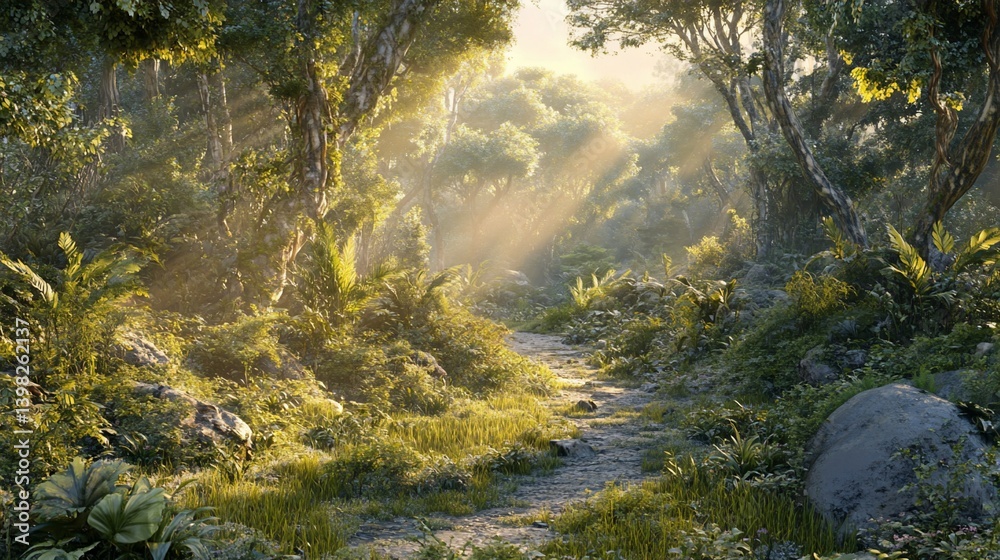 Sunbeams illuminate a lush, green jungle path winding through dense foliage and rocks.