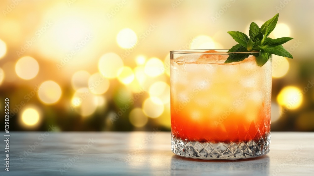 Refreshing cocktail with mint garnish on a marble surface, blurred lights in the background Refreshing cocktail with mint garnish on a marble surface, blurred lights in the background