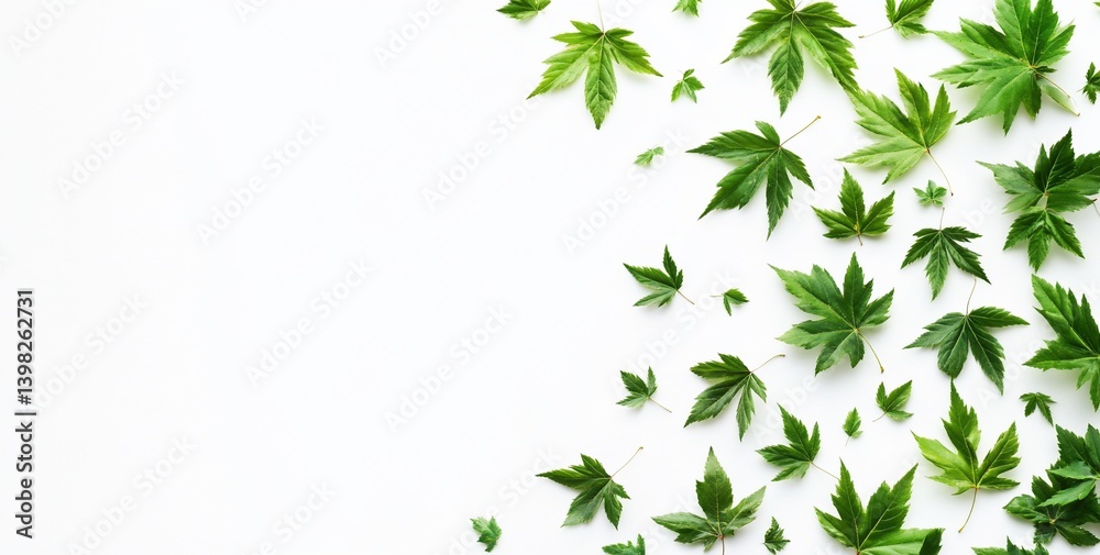 Green leaves scattered on white background, copy space. Green leaves scattered on white background, copy space.