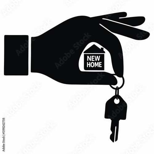 Hand holding keys with new home tag black and white icon