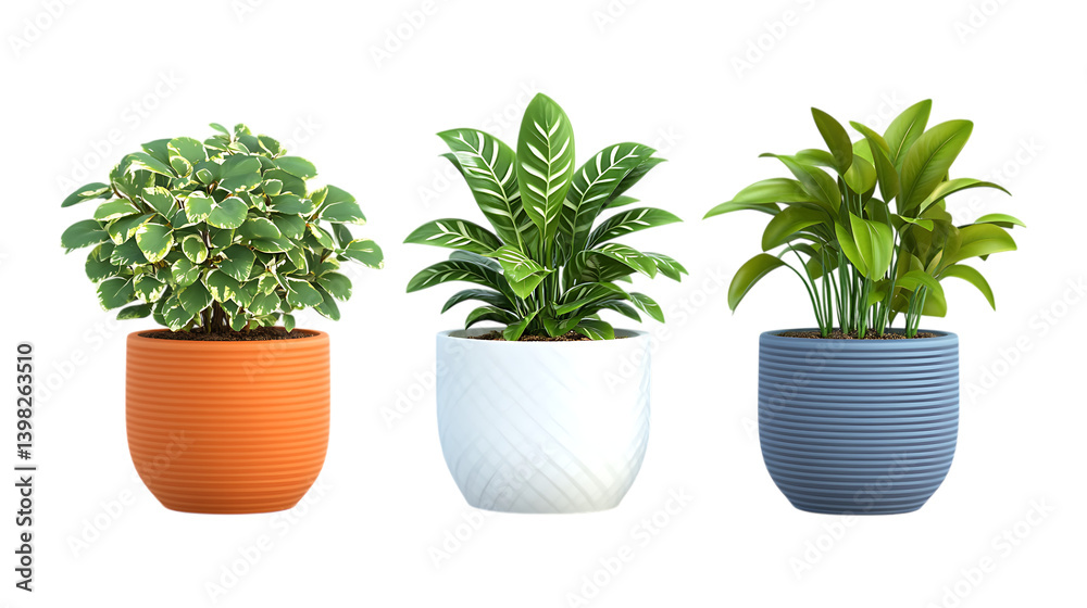 Obraz premium Three different potted houseplants with green foliage are lined up in various colored containers, isolated on a clean transparent background.