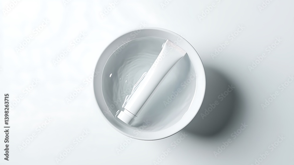Minimalist white cosmetic tube floating in a bowl water on a white background, ideal for beauty product branding Minimalist white cosmetic tube floating in a bowl water on a white background, ideal for beauty product branding