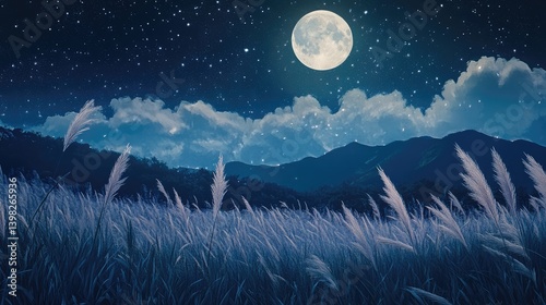A serene nighttime landscape featuring a full moon shining brightly in a starry sky with scattered clouds
