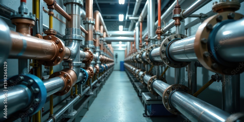 Industrial Piping System A Network of Metal Tubes and Valves in a Modern Facility Industrial Piping System A Network of Metal Tubes and Valves in a Modern Facility