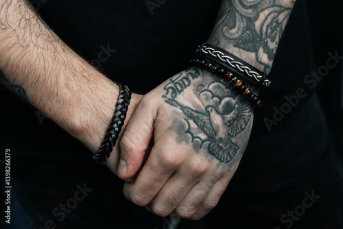  Tattooed hands in a close-up view, featuring detailed ink of a bird and adorned with stylish leather bracelets. The image highlights personal expression through body art and accessories