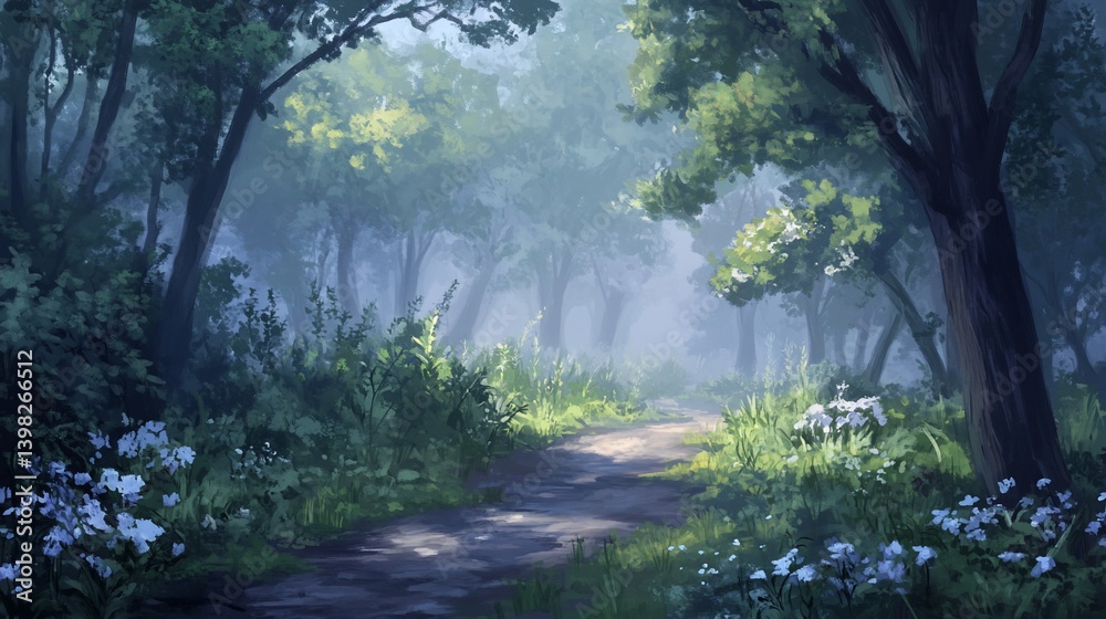 Obraz premium Misty forest path winding through lush green trees and undergrowth.