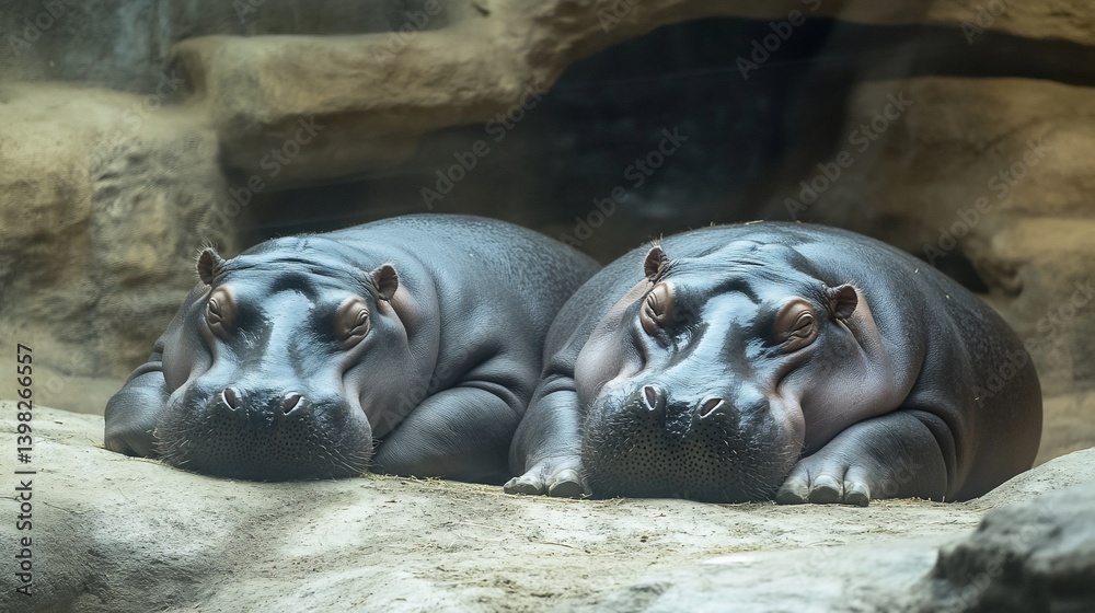 Two hippos resting together in a rocky enclosure. Two hippos resting together in a rocky enclosure.