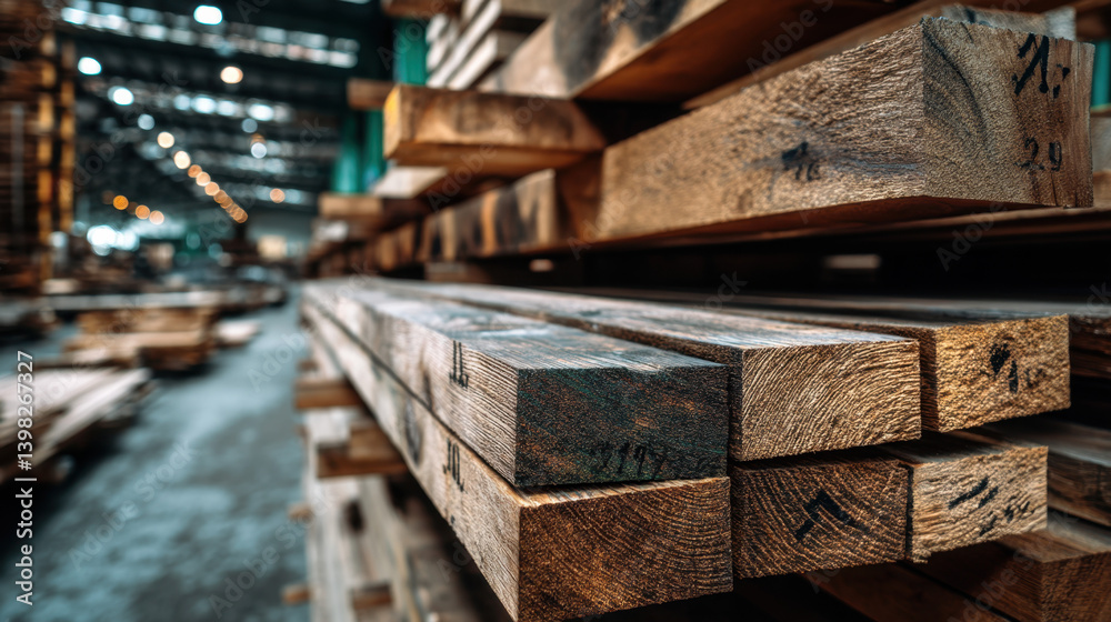 Sturdy wooden planks are stacked in organized rows within a large warehouse, showcasing efficient timber storage and management Sturdy wooden planks are stacked in organized rows within a large warehouse, showcasing efficient timber storage and management