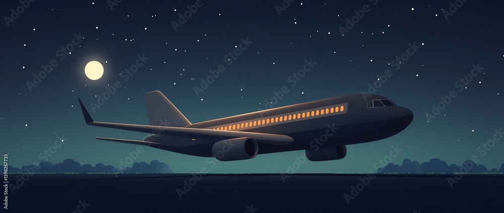 Airplane taking off at night under a starry sky and a full moon. Airplane taking off at night under a starry sky and a full moon.
