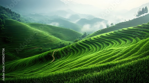 A winding path vanishes into foggy mountain lines, with green fields laying quietly on either side, surreal and pure.