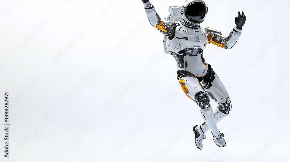 A female astronaut in a futuristic spacesuit joyfully leaps against a white backdrop. A female astronaut in a futuristic spacesuit joyfully leaps against a white backdrop.