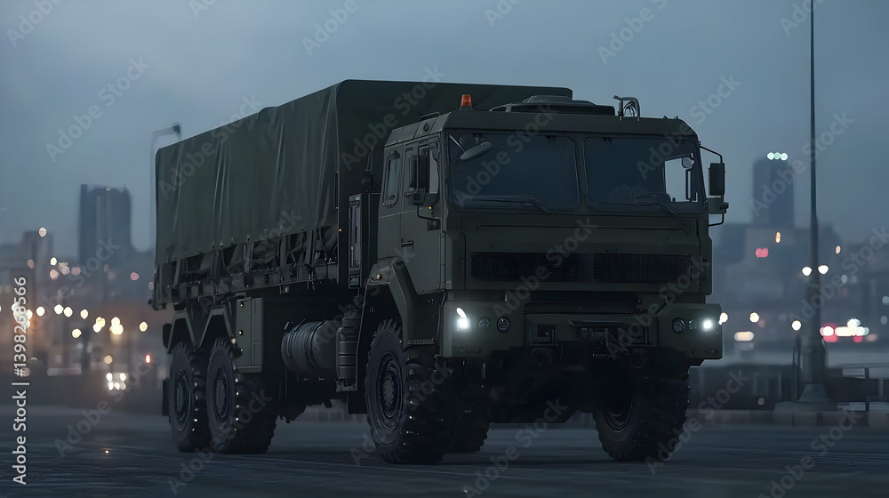 Obraz premium Military Cargo Truck In City At Night