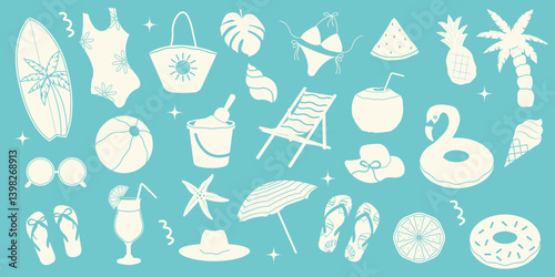 Summer elements set. Flamingos, ice cream, pineapple, tropic leaves, cocktails, plum tree, watermelon, lemon, beach accessories