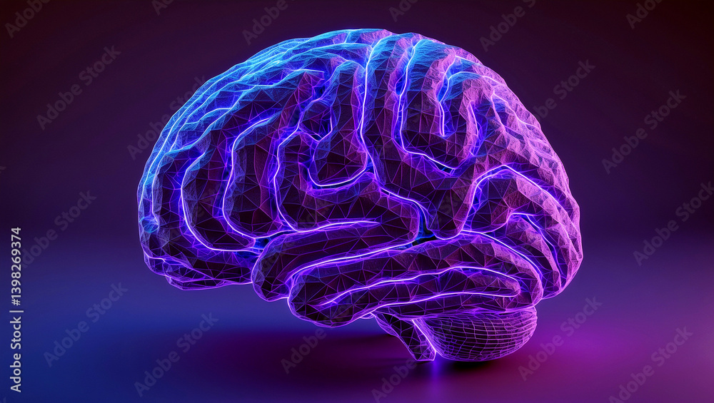 Vibrant neon wireframe brain in purple and blue Vibrant neon wireframe brain in purple and blue