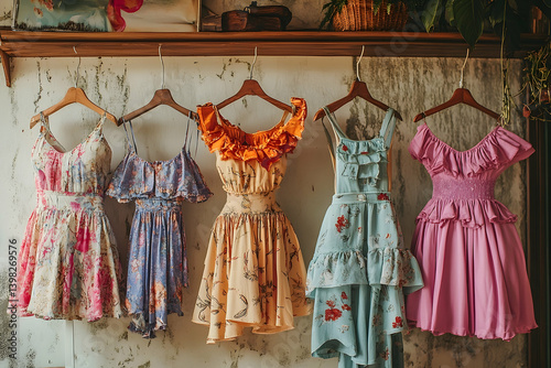 A collection of colorful, floral print dresses with ruffles. photo