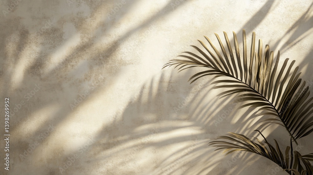 Palm leaf shadow on beige textured wall.