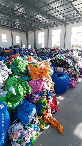 Colorful Fabric Scraps Stockpiled in Warehouse for Recycling
