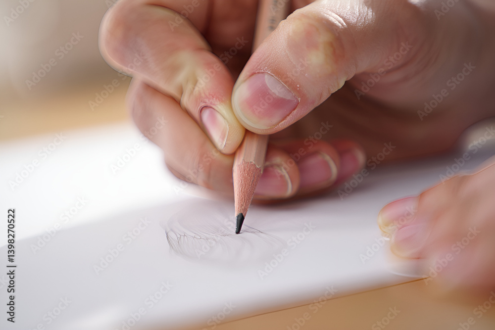 Detailed macro shot of a person's hand drawing on white paper with a graphite pencil, light and airy background, strong focus on hand texture, pencil grip, and sketch lines, calm and precise creative Detailed macro shot of a person's hand drawing on white paper with a graphite pencil, light and airy background, strong focus on hand texture, pencil grip, and sketch lines, calm and precise creative