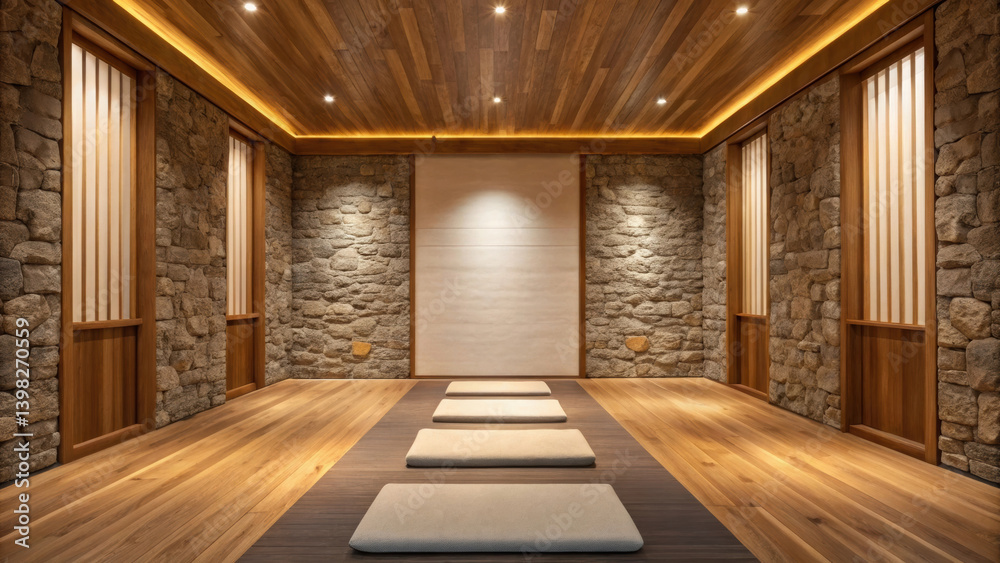 serene wellness space showcasing natural stone walls and wooden accents, reflecting current trends in relaxation and mindfulness serene wellness space showcasing natural stone walls and wooden accents, reflecting current trends in relaxation and mindfulness