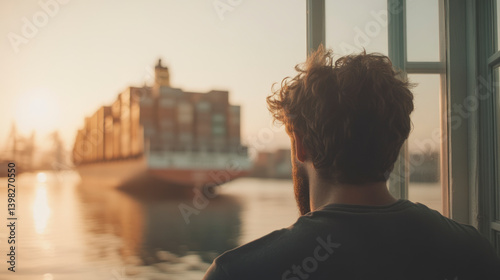Man watches cargo ship from window at sunset