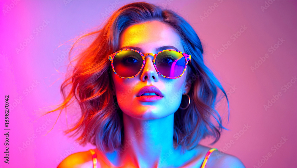 Fototapeta premium Vibrant portrait of a woman in colorful sunglasses