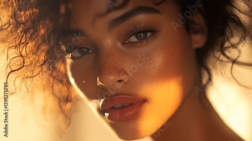 Close-up portrait of a young woman with freckles and curly hair, illuminated by warm sunlight.