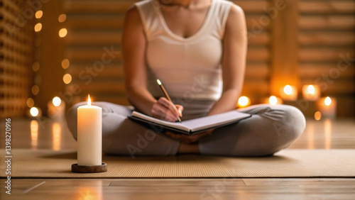 Mindfulness and wellness trends are embraced as person writes in journal surrounded by calming candles creating serene atmosphere
