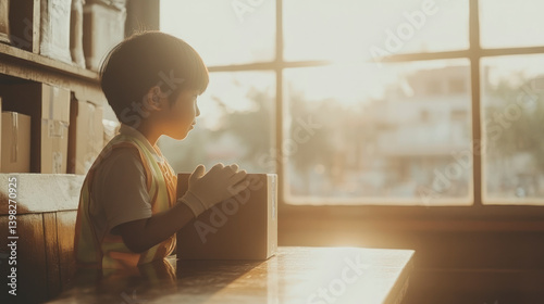 Asian boy holding box in warehouse with sunlight