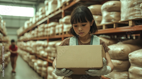 Young Asian girl holding a box in warehouse aisle