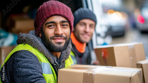 Delivery workers unloading packages from van in winter